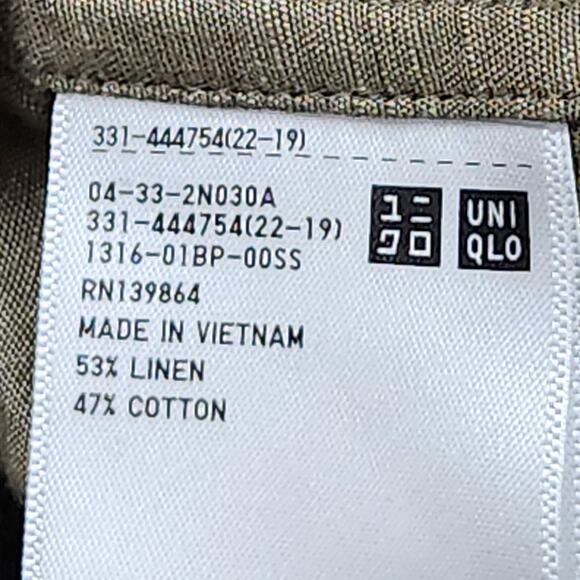 Uniqlo Shirt Mens Medium Green Linen Cotton Band Collar Short Sleeve Button - Picture 11 of 12